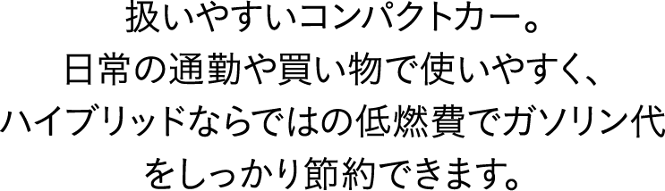 扱いやすいコンパクトカー。日常の通勤や買い物で使いやすく、ハイブリッドならではの低燃費でガソリン代をしっかり節約できます。